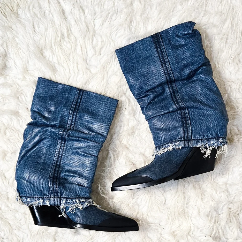Diesel Denim Foldover Cowboy Boots Y2K 90s Grunge Pointed Toe - Picture 4 of 9